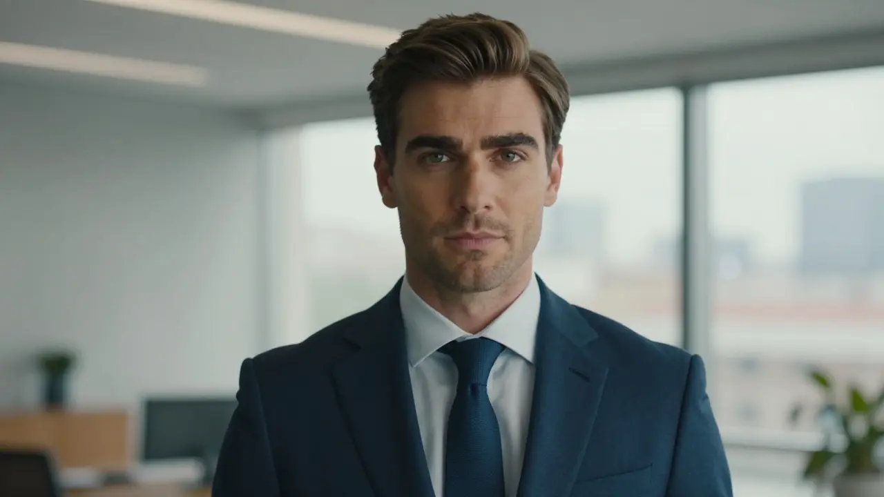 Confident man in suit with groomed eyebrows