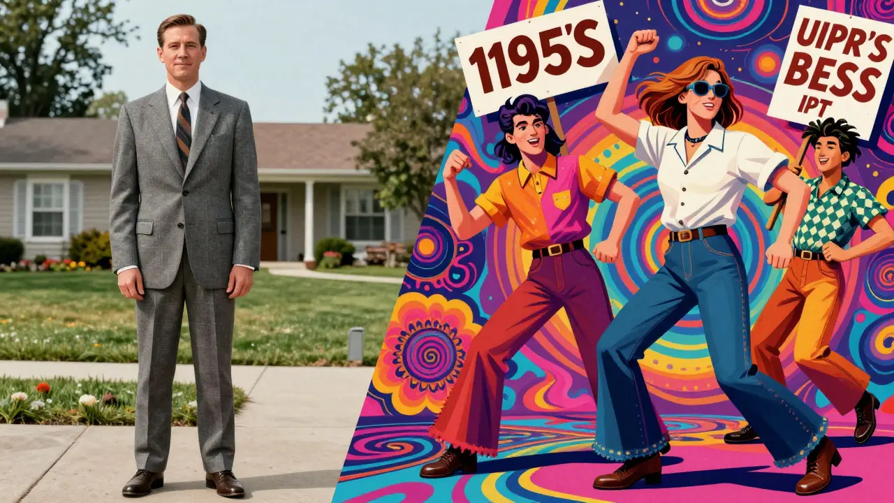 Contrast between 1950s conformist style and 1960s youth rebellion