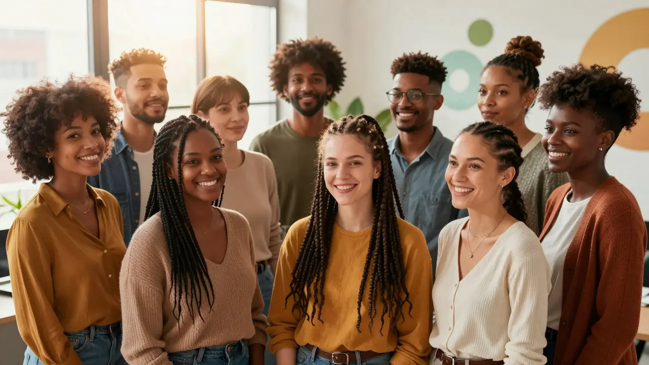 Diverse team celebrating varied natural and styled hair in sunny office