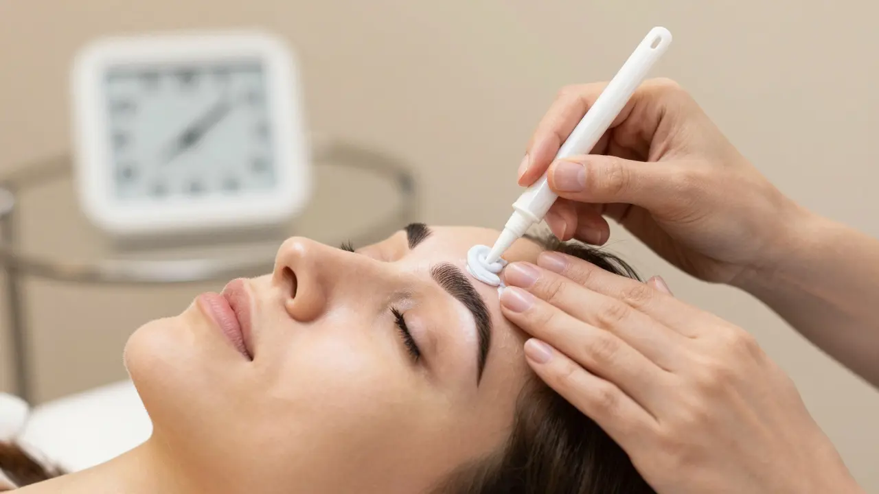 Esthetician applying protective barrier cream before safe professional eyebrow tinting.