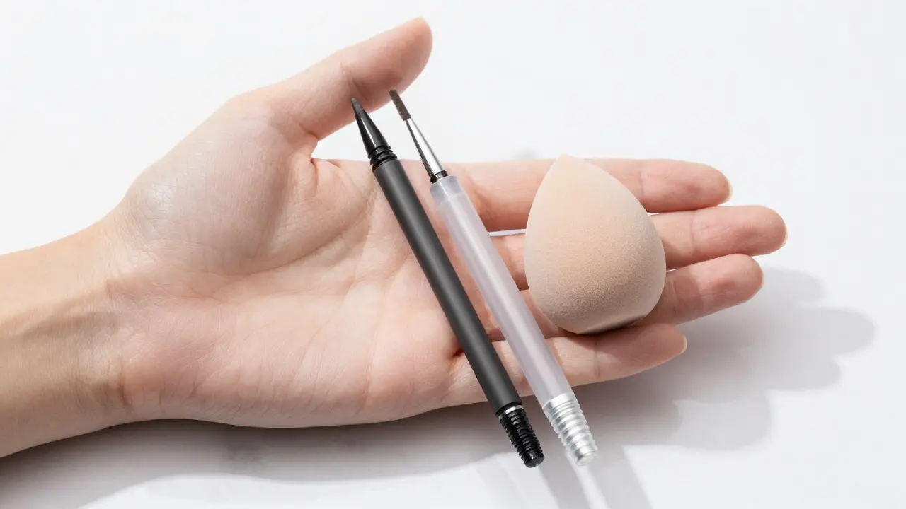 Eyebrow pencil and wax pen on marble surface