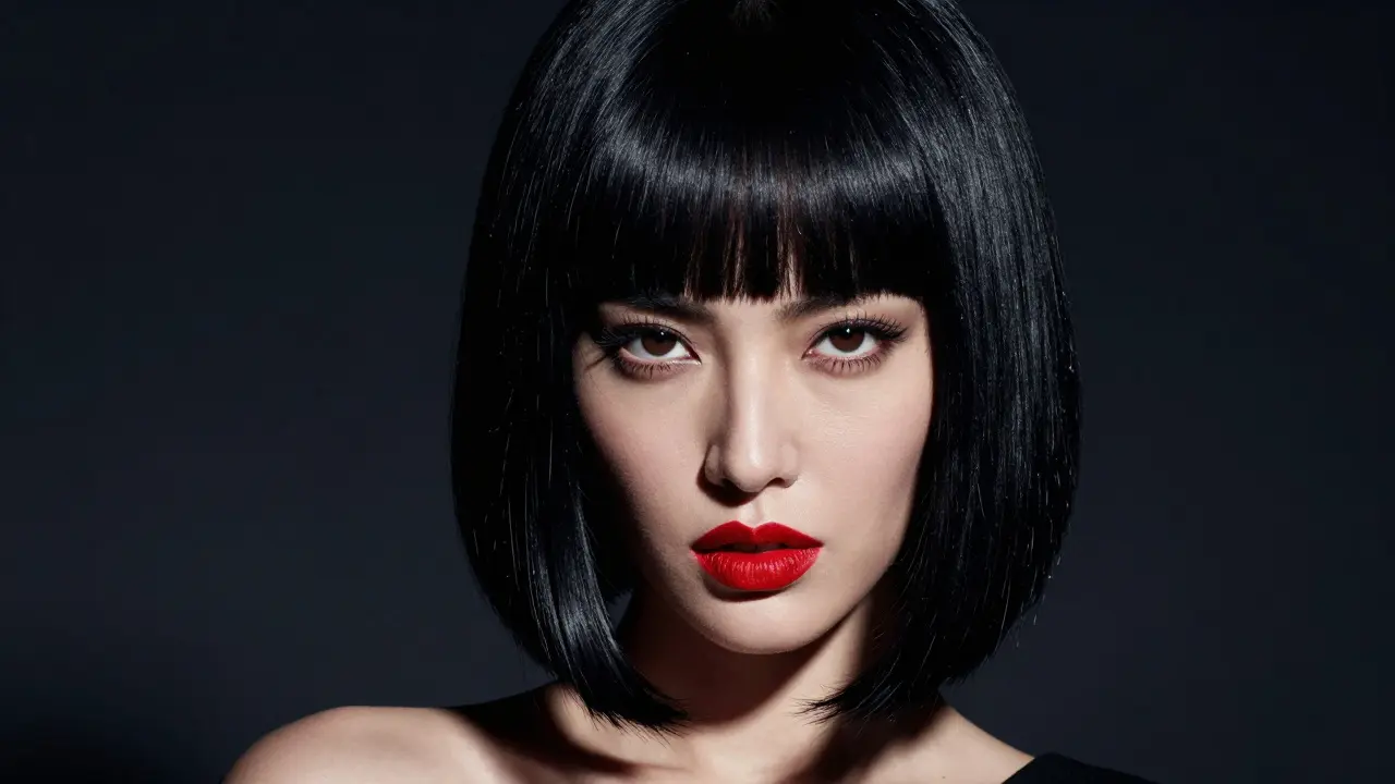 Fashion model with sleek jet-black hair and red lips
