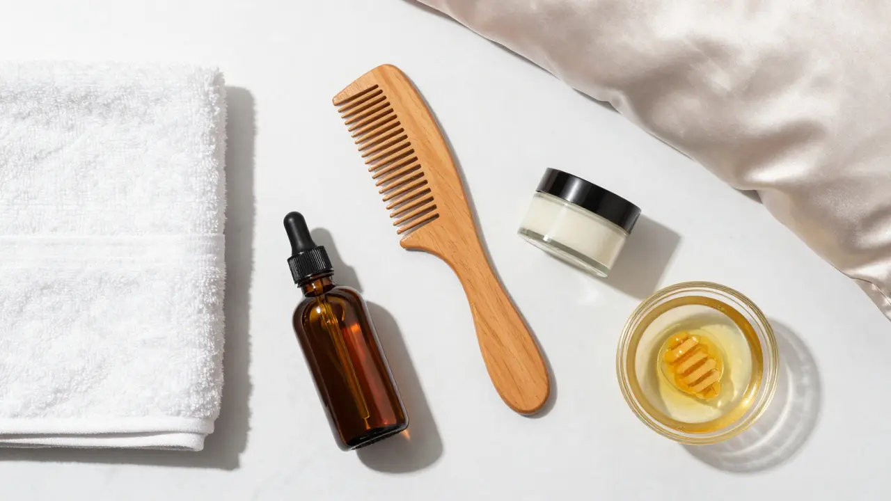 Flat lay of curly hair care tools and products