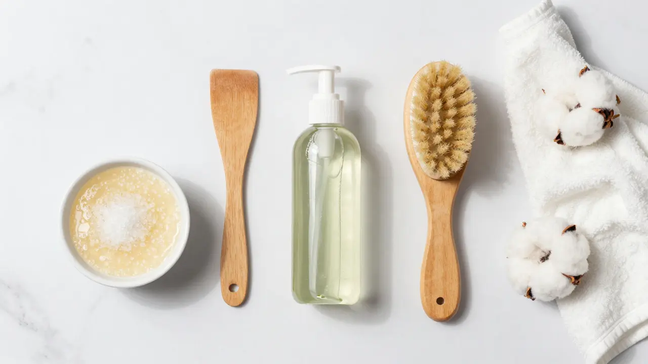 Flat lay of waxing supplies including sugar wax, aloe vera, and exfoliator