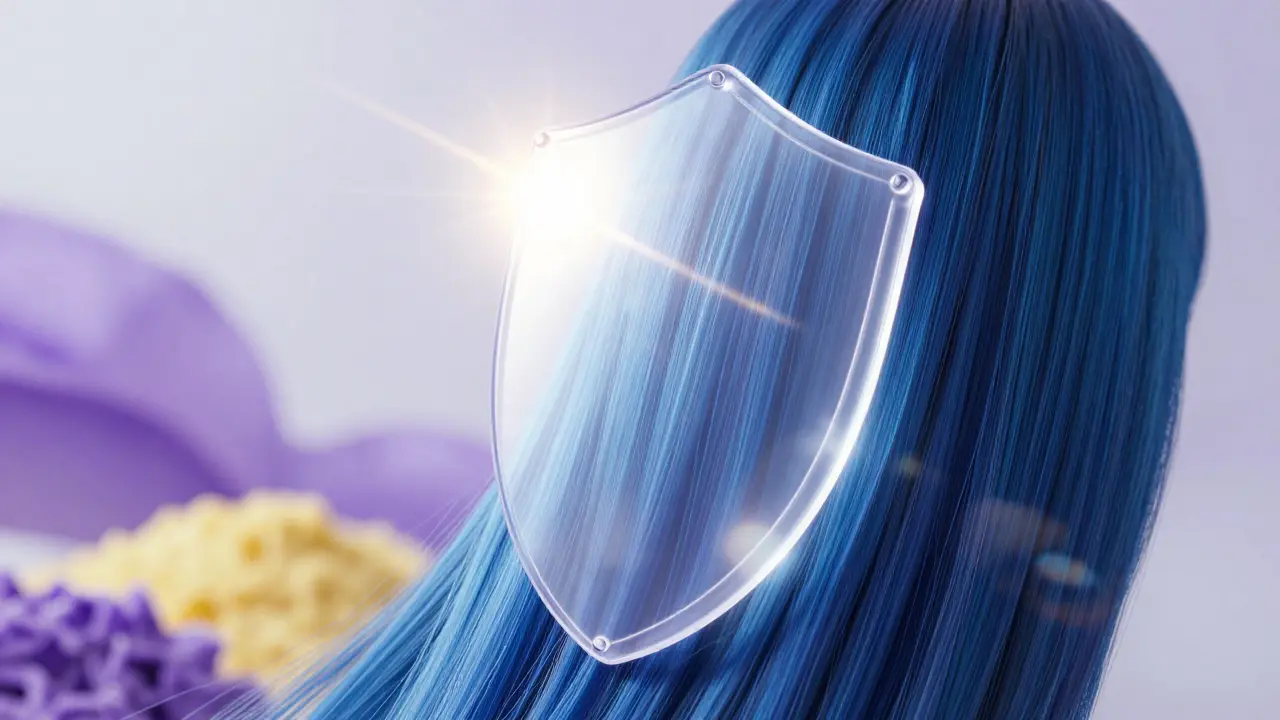 Hair strand protected by a shield from UV rays and fading