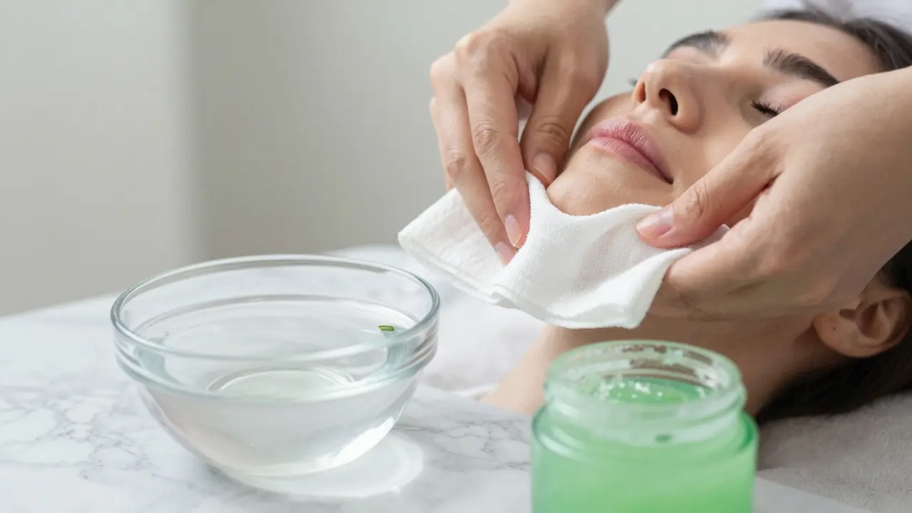 Hands applying cool wet cloth to face with aloe vera nearby