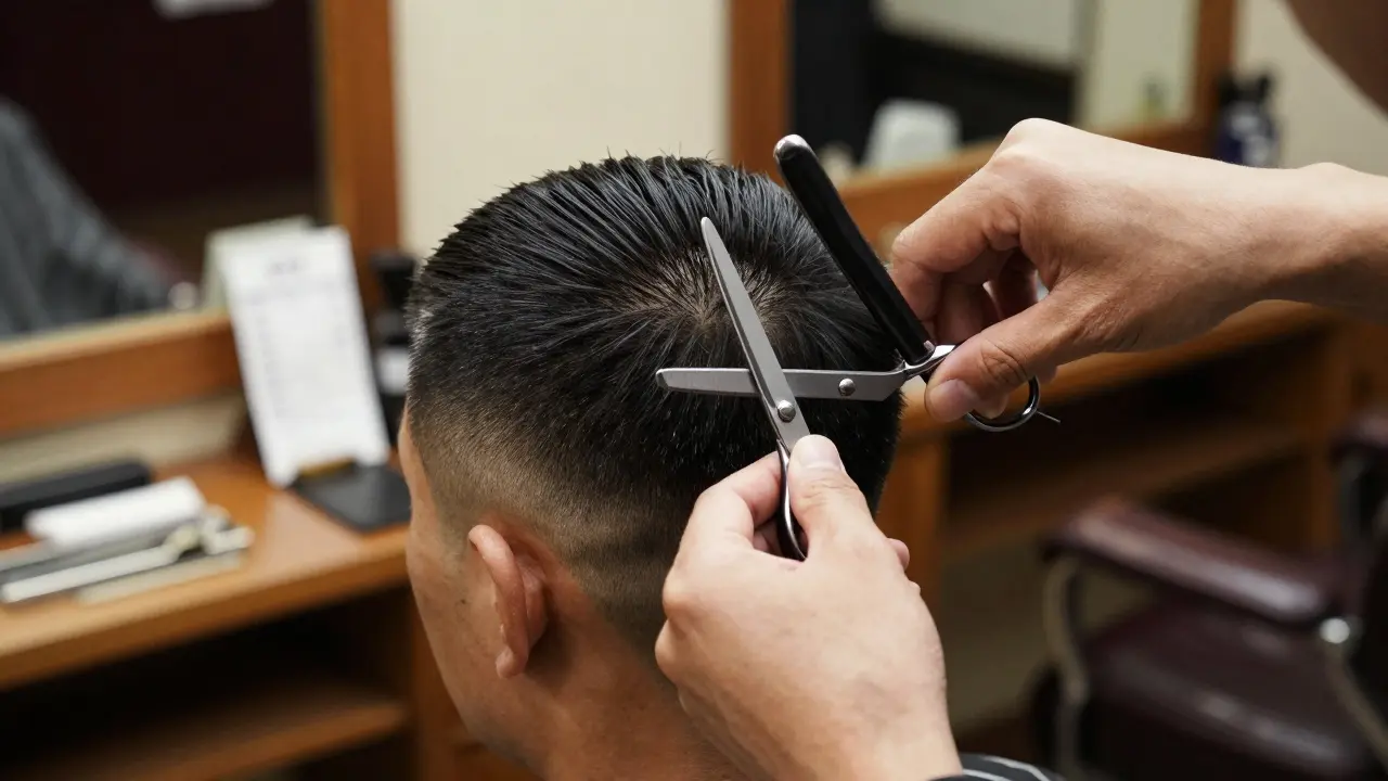 Japanese barber giving a precise haircut with scissors