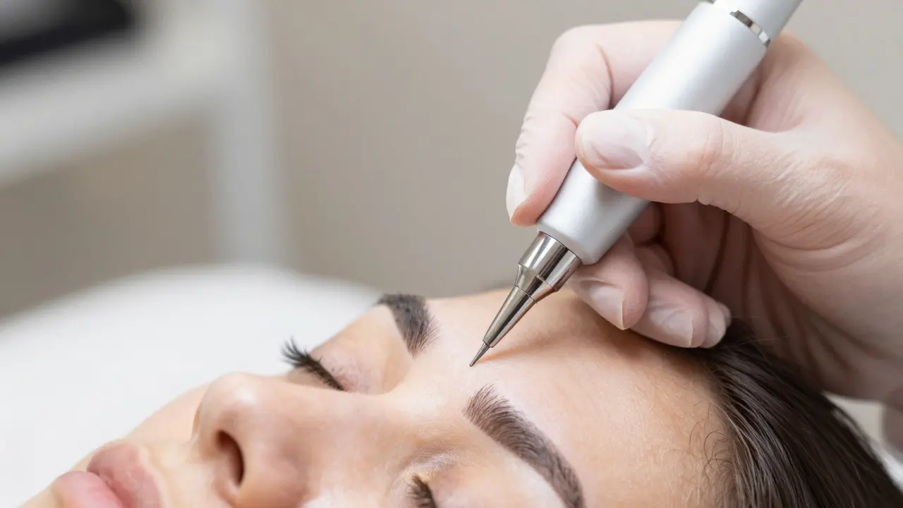 Macro view of microblading tool creating precise eyebrow strokes
