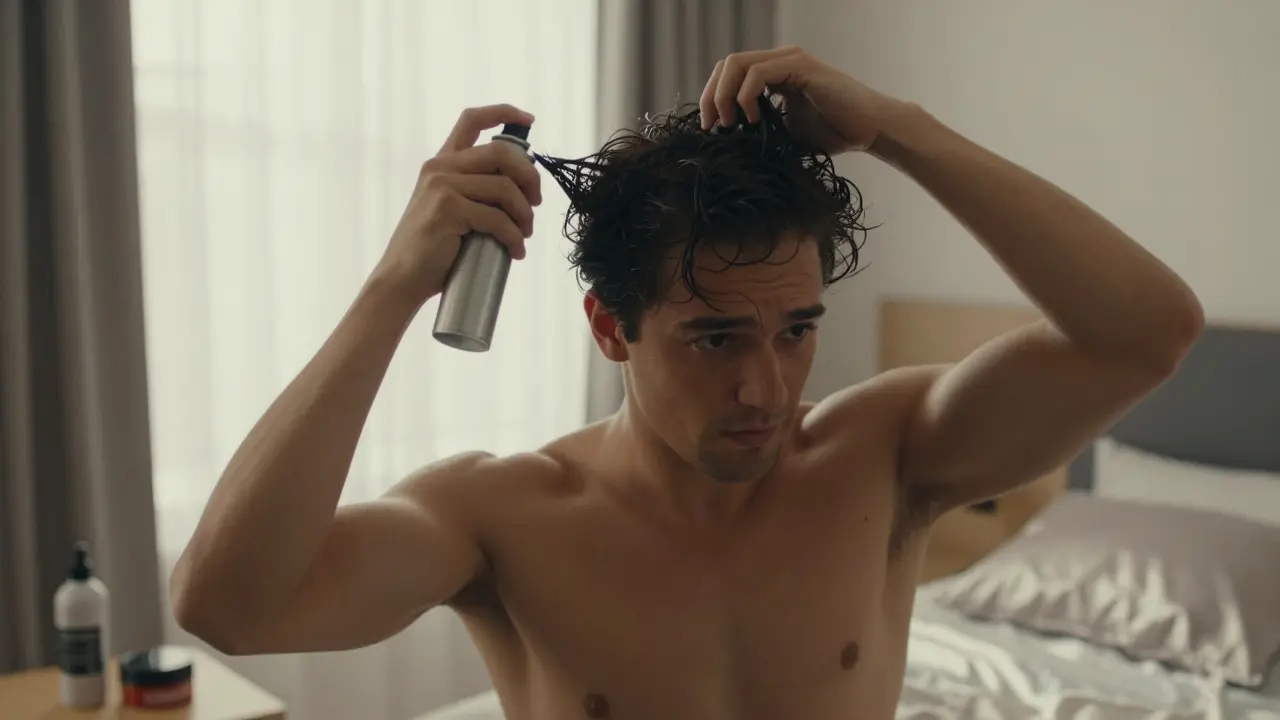 Man applying sea salt spray to damp hair in a bedroom