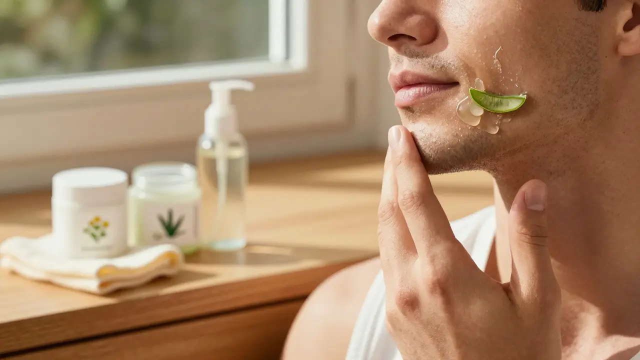 Man applying soothing aloe serum to face after waxing