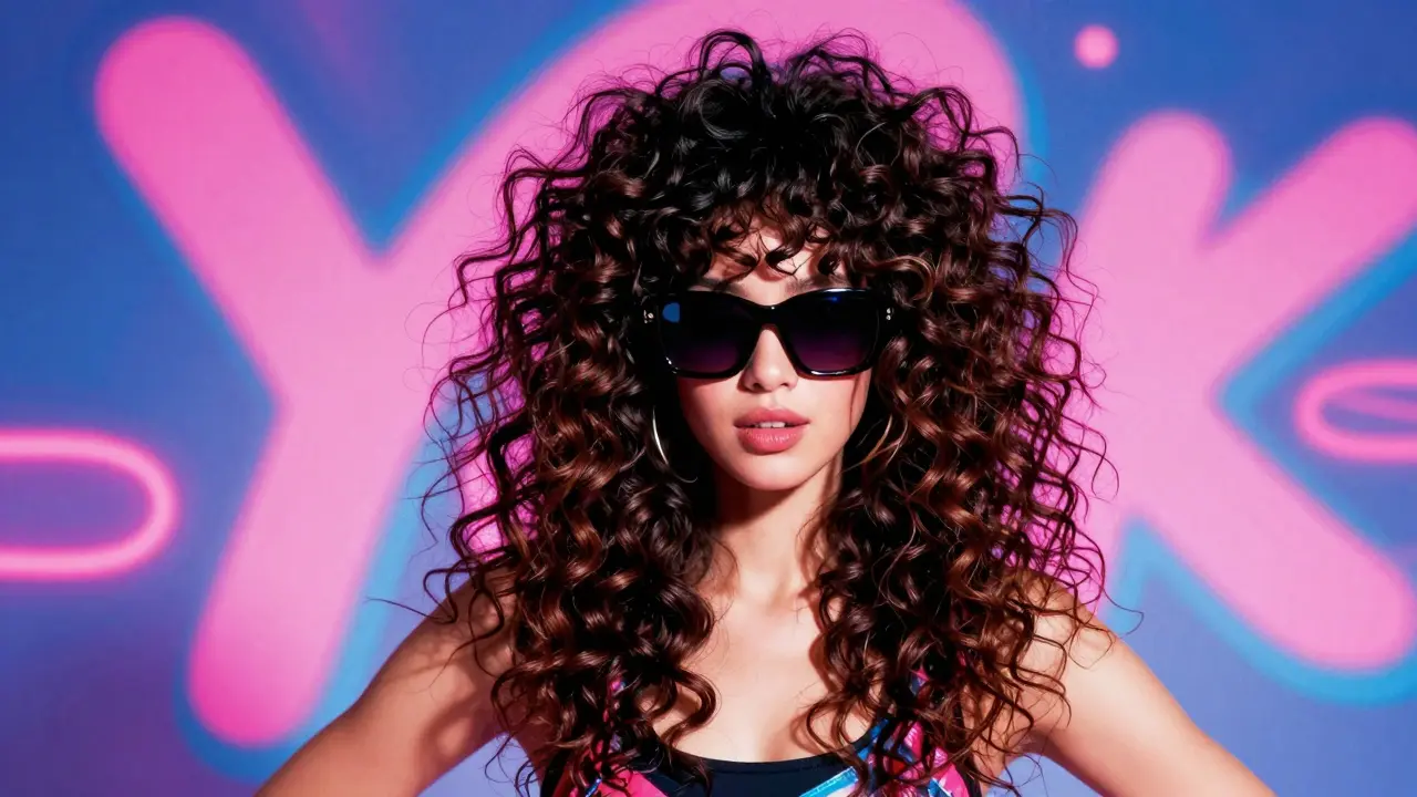 Model with curly jellyfish cut posing in Y2K style