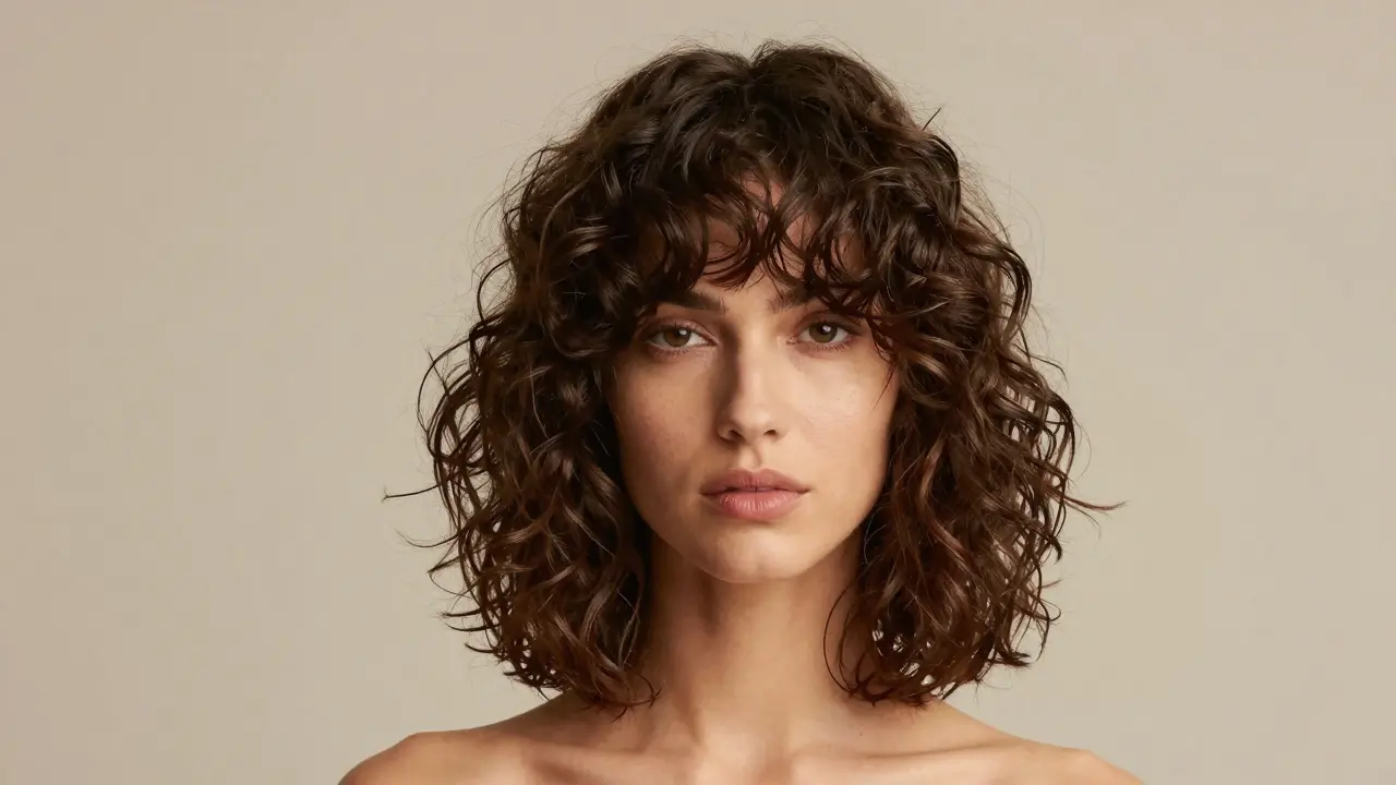 Model with layered curly bob and curtain bangs