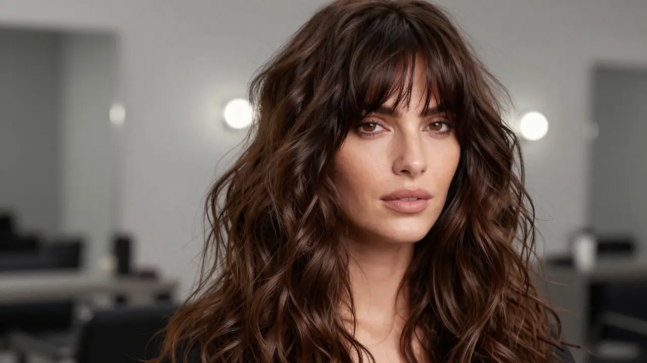 Model with wavy shag haircut and curtain bangs adding width to face