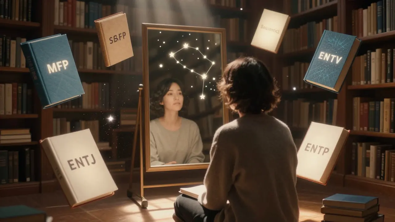 Person in library looking at mirror reflecting a star constellation