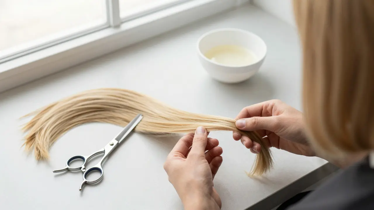 Pile of cut hair next to scissors and lightener bowl