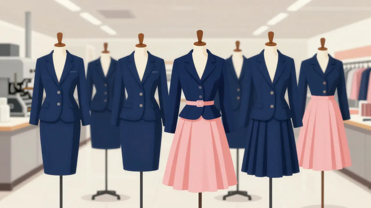 Rows of identical mannequins showing mass-produced 1950s fashion