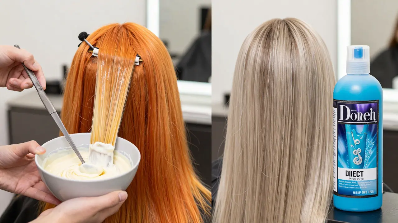 Salon scene showing bleach application and blue toner for fixing hair