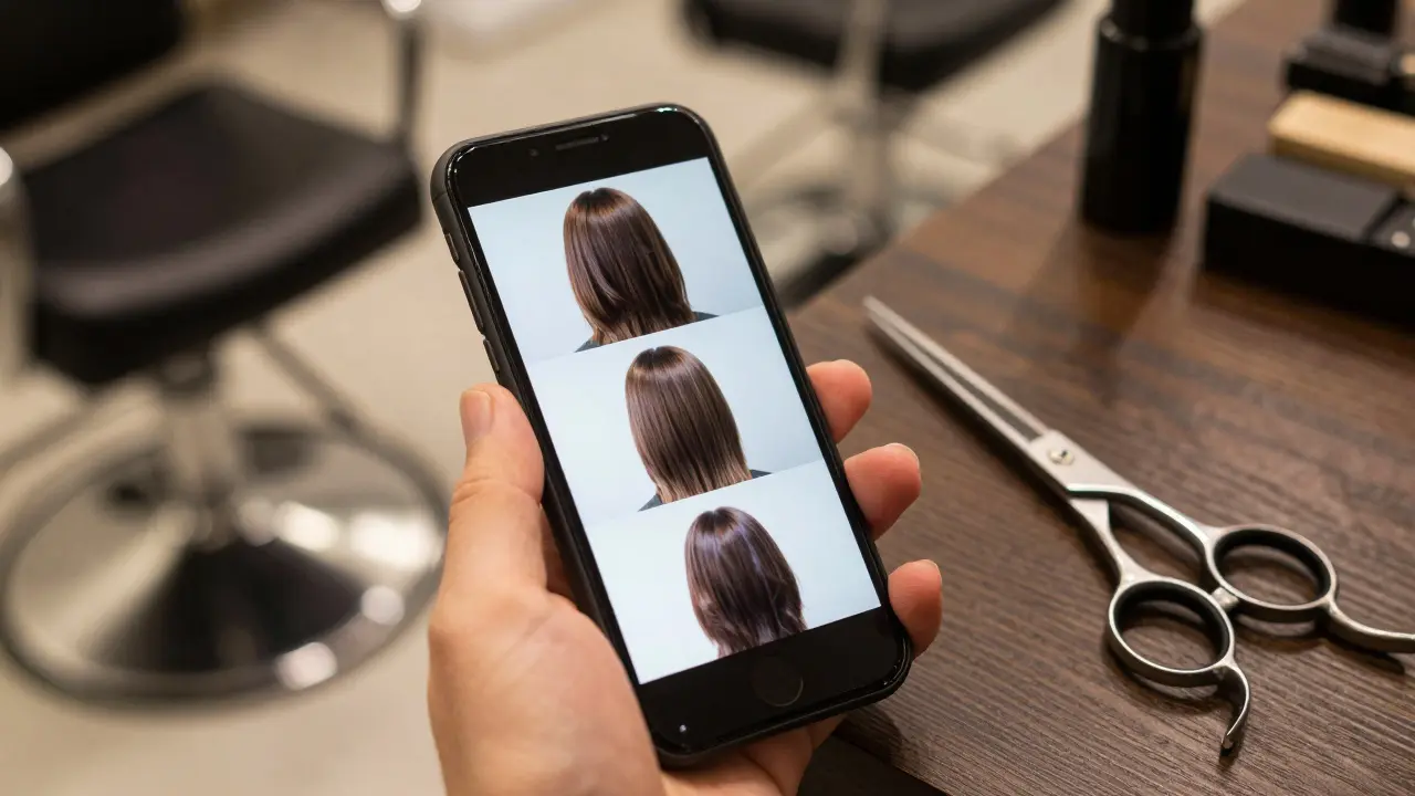 Smartphone showing hairstyle reference photos next to scissors on table