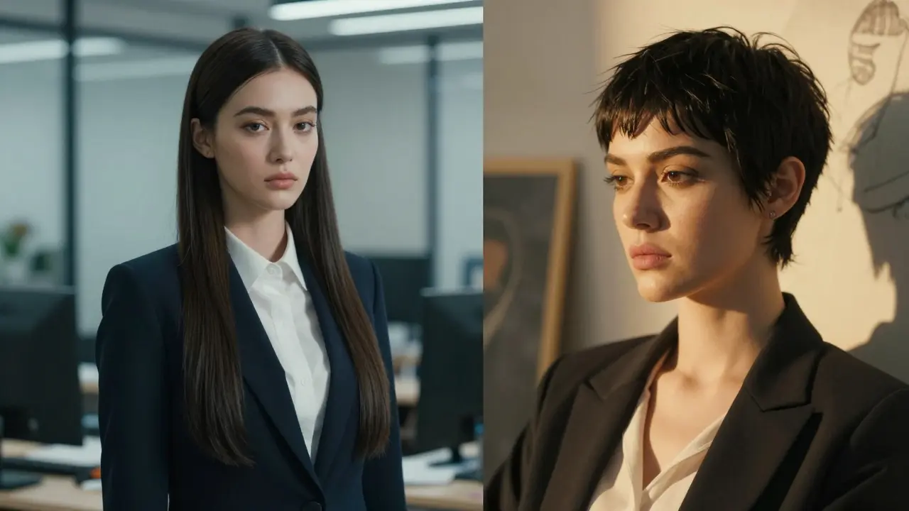 Split screen comparing professional long hair vs bold short cut