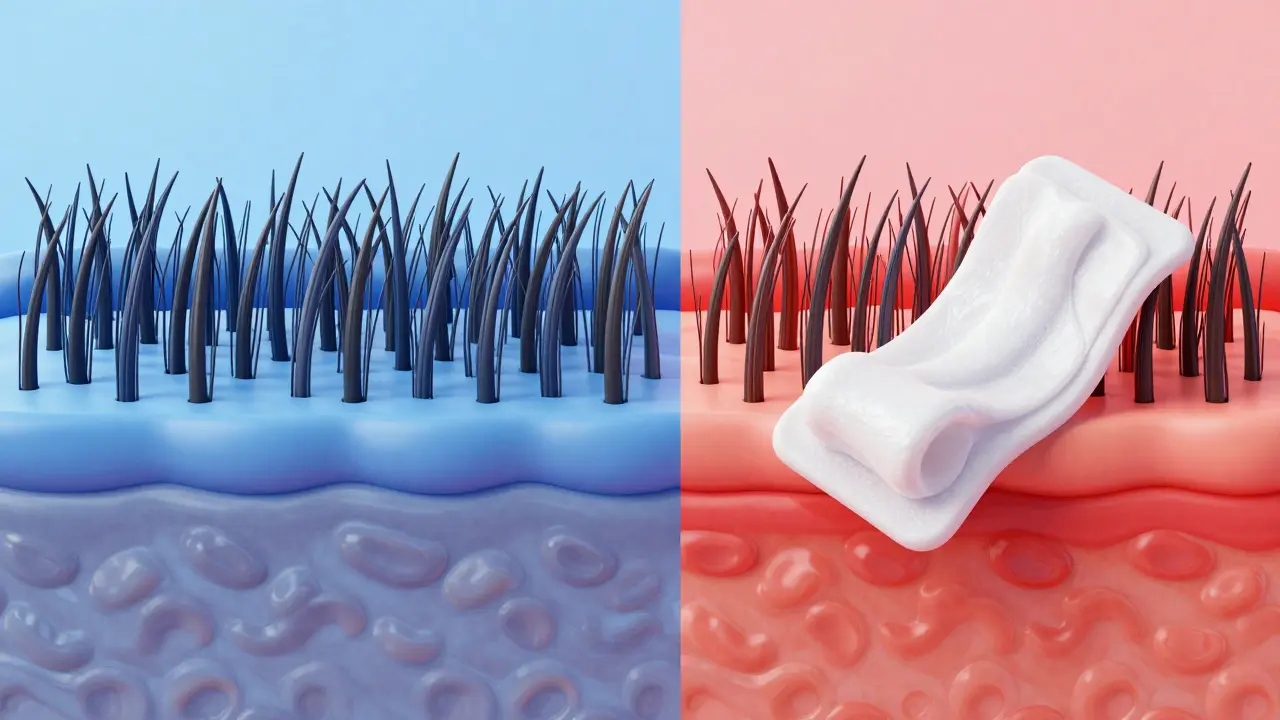 Split view comparing hard wax vs soft wax on skin and hair