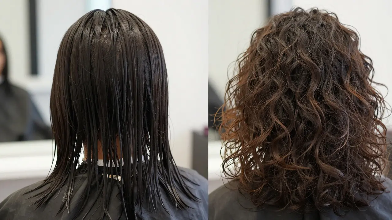 Split view comparing sleek wet hair in salon vs frizzy dry hair at home
