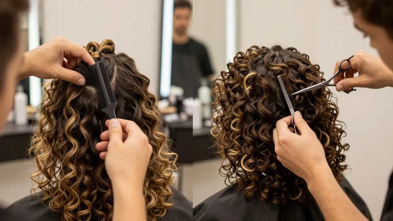 Split view of balayage painting and dry cutting curls