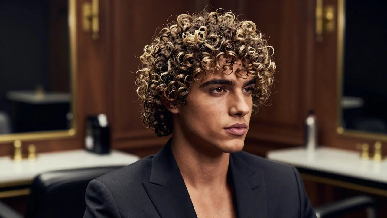 Stylish man with defined curly hair in a barbershop setting