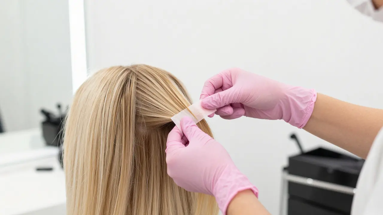 Stylist applying tape-in weft extensions to fine blonde hair