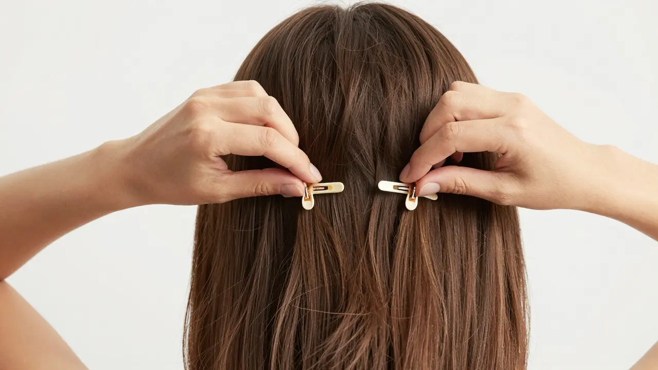 Stylist placing clip-in extensions below occipital bone