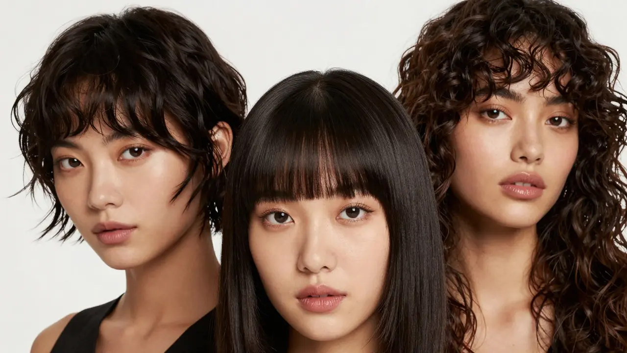 Three women displaying blunt, side-swept, and curtain bangs for different faces