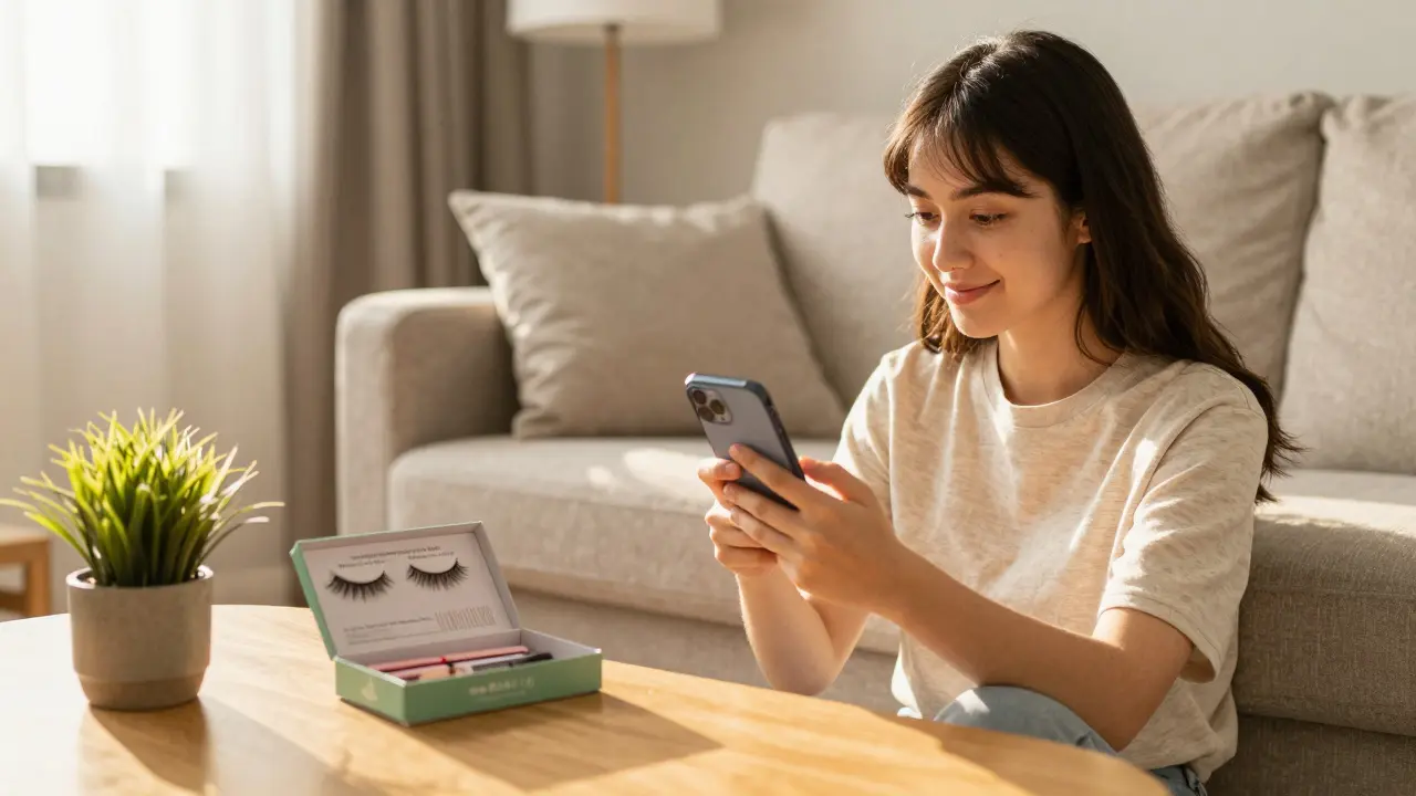 Woman browsing an ethical lash brand on her phone at home