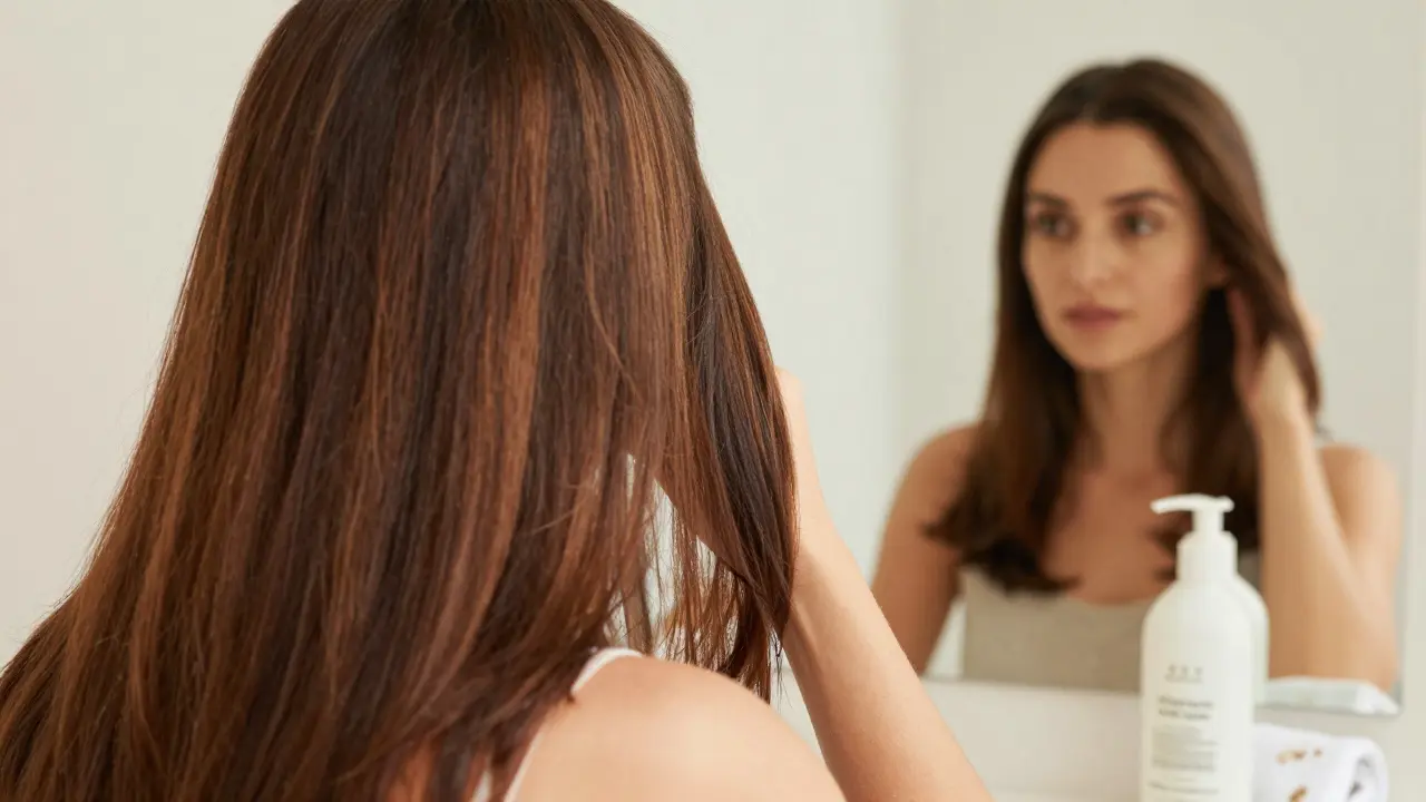Woman checking dark brown hair roots in mirror