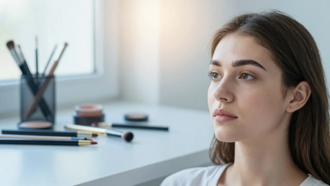 Woman waking up with perfect brows, symbolizing time-saving convenience
