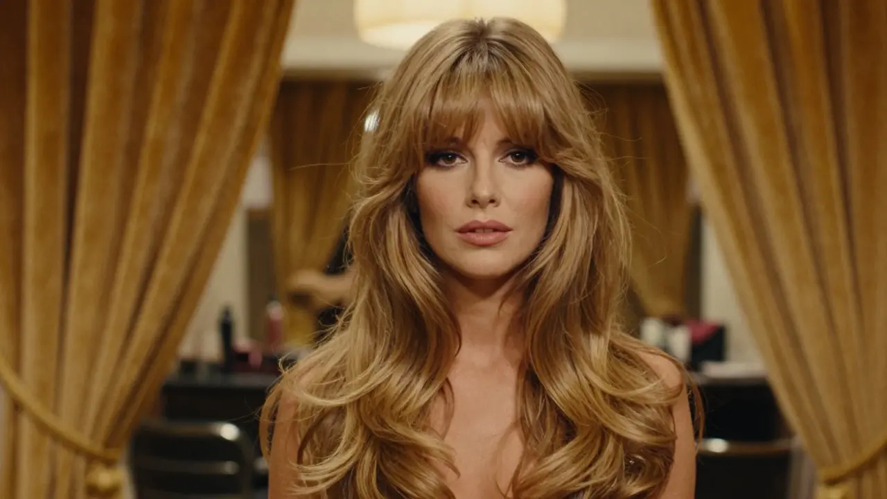Woman with 1970s style curtain bangs parted in the middle framing her face