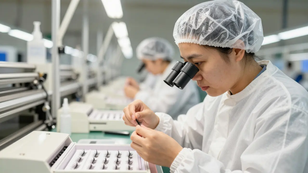 Worker inspecting synthetic lash fibers in a transparent factory setting