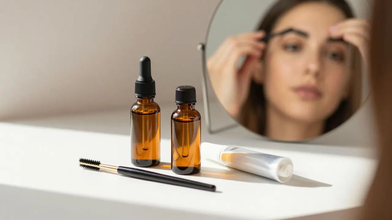 Castor oil and brow tools for gentle eyebrow restoration