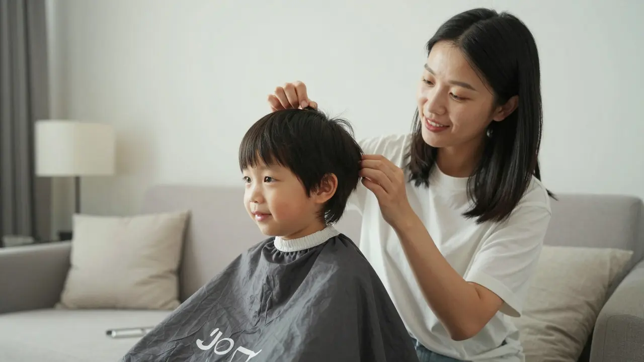 Child receiving a calm haircut at home from a stylist