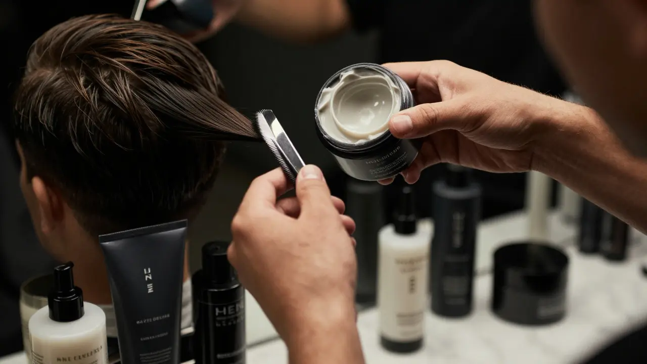 Close-up of barber applying styling product to client's hair, demonstrating technique and value.