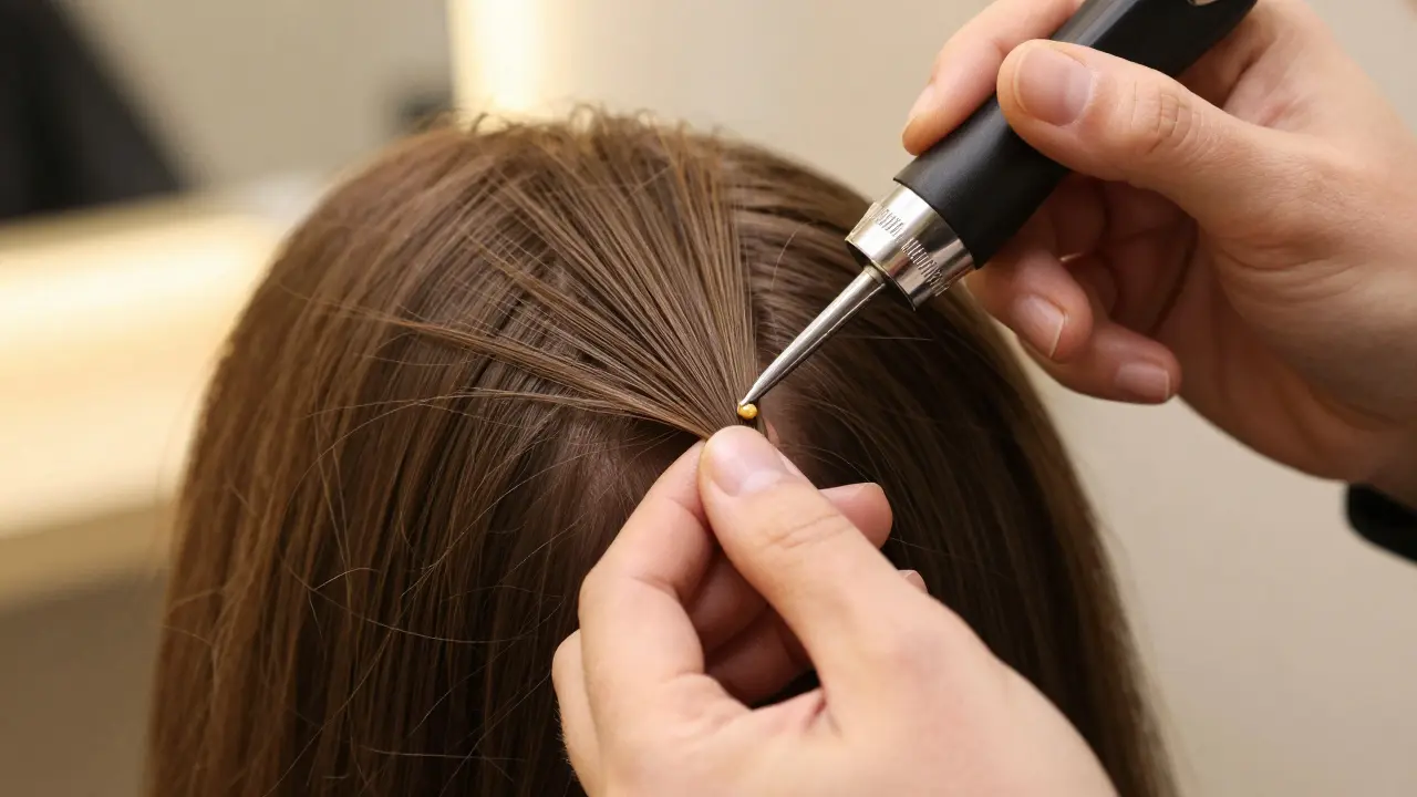 Close-up of stylist applying keratin bond hair extensions with precision tool