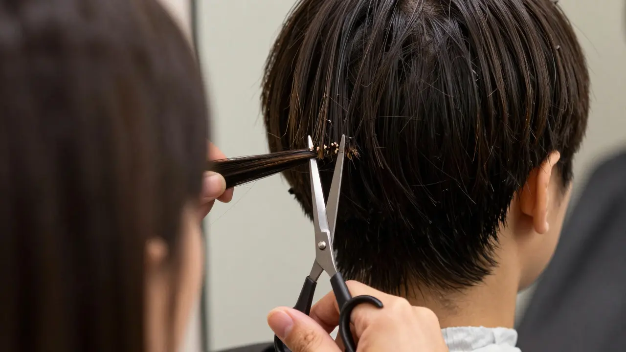 Close-up of vertical point-cutting technique on short hair with scissors.