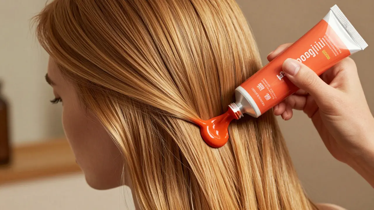 Close-up of woman applying creamy semi-permanent red dye to healthy hair