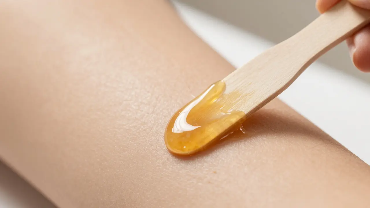 Close-up of wooden spatula applying hard wax to skin for hair removal