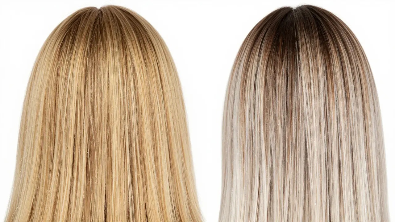 Comparison of brassy blonde fade versus soft balayage gradient