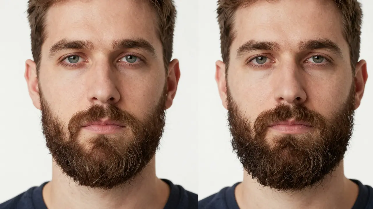 Comparison of square vs round beard styles on man