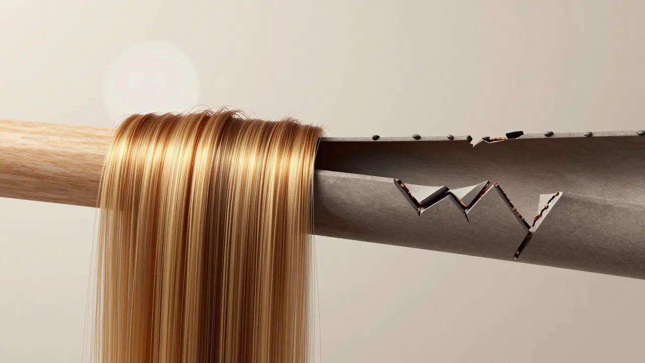 Conceptual art comparing healthy smooth hair cuticle to damaged one