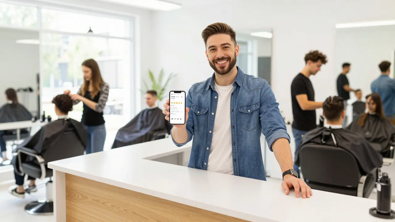 Confident barber holding phone with reviews in a busy, sunlit barbershop full of happy clients.