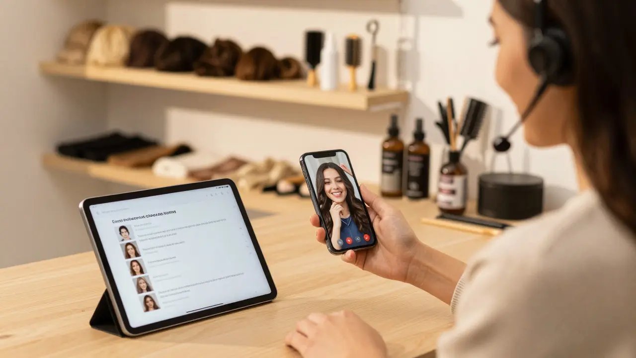 Customer service rep helping a client via video call with hair accessories in background.