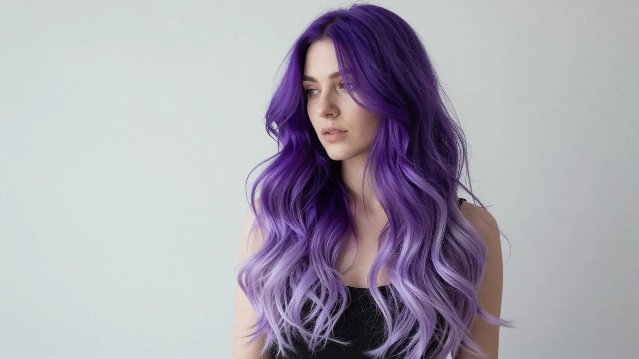 Deep purple hair fading gracefully into soft lavender and lilac tones