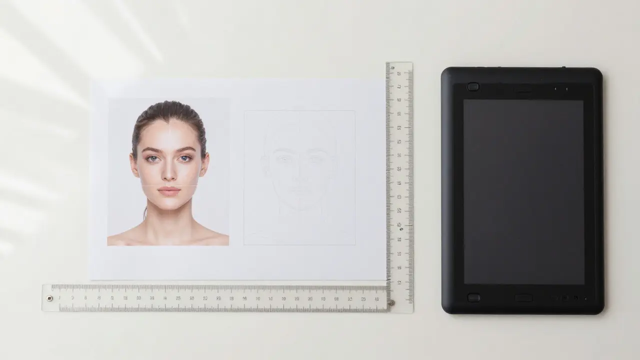 Desk with photo, ruler, and tracing paper for measuring face shape