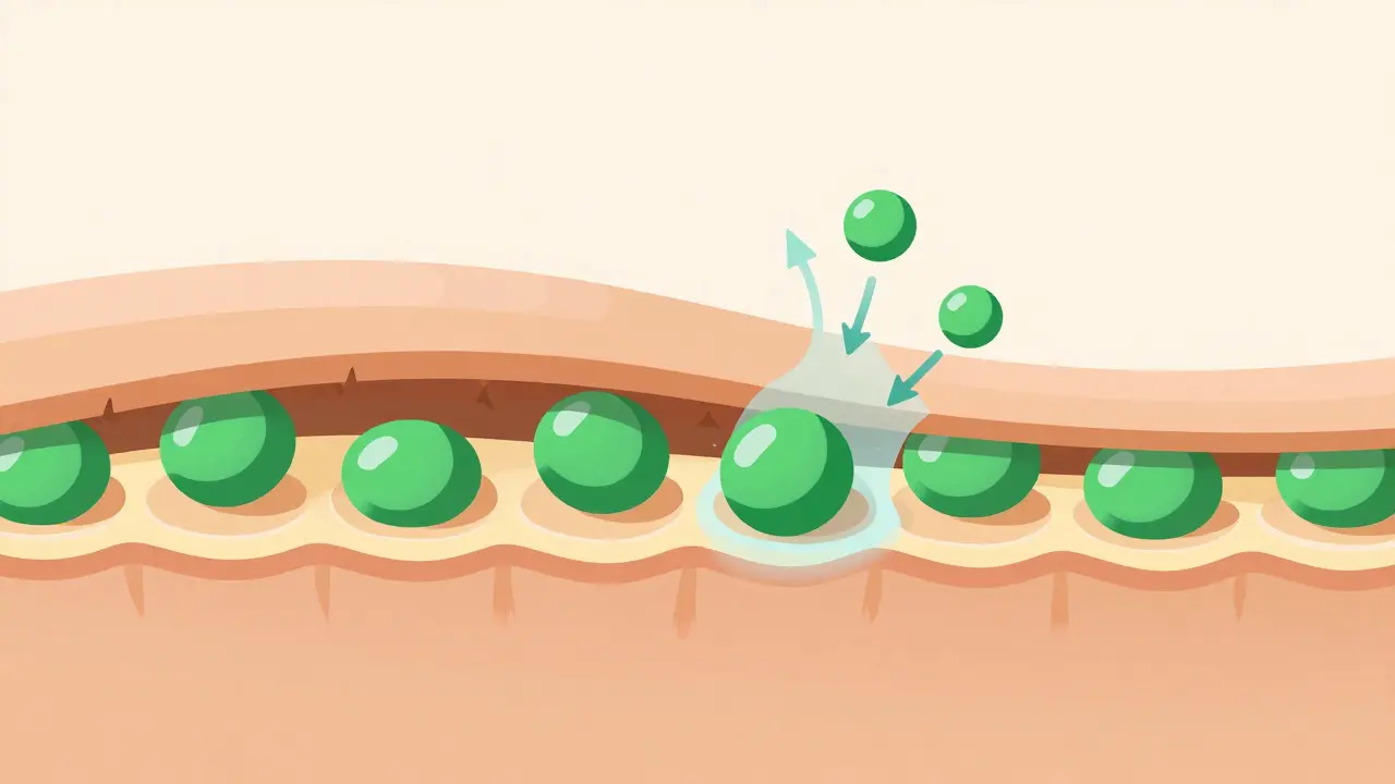 Diagram showing green dye molecules on lifted hair cuticle scales